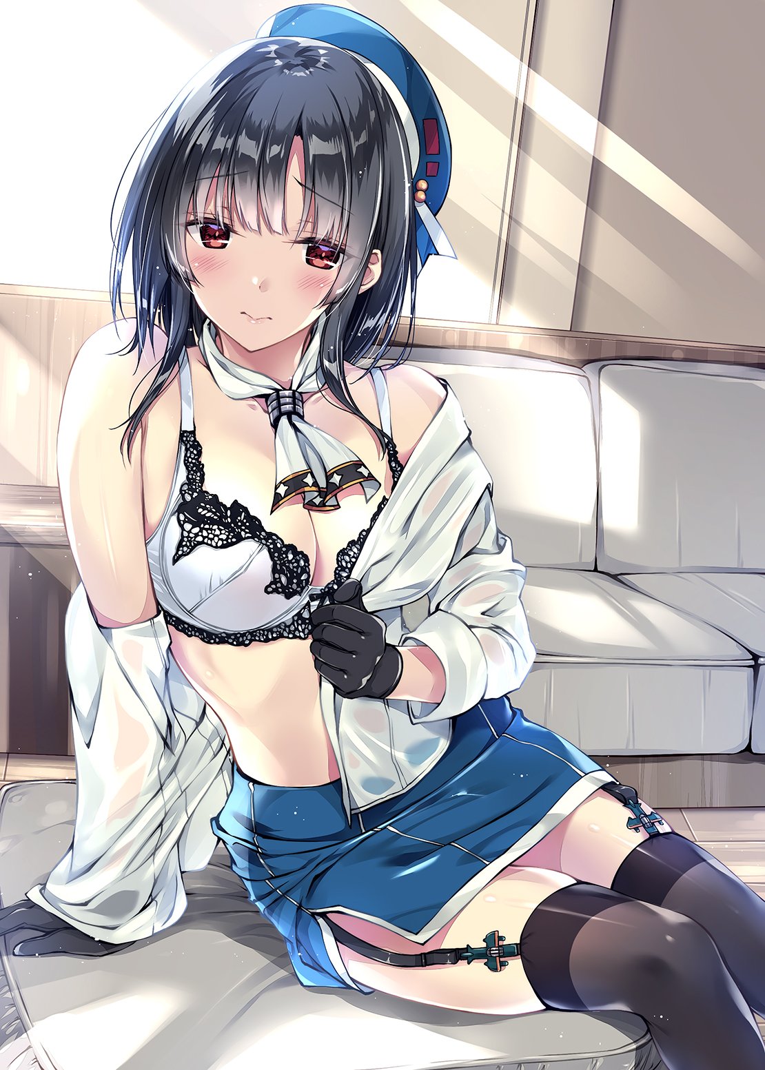 1girl arm_support ascot bangs bare_shoulders beret black_gloves black_hair black_legwear blouse blush bra breasts couch dated duplicate embarrassed eyebrows_visible_through_hair garter_straps gloves hat highres indoors jacket kantai_collection kobayashi_chisato lingerie looking_at_viewer medium_breasts midriff military military_uniform navel off_shoulder open_blouse open_clothes open_jacket pencil_skirt pink_lips red_eyes shiny shiny_clothes shiny_skin short_hair sidelocks sitting skirt smile solo sunlight takao_(kantai_collection) thigh-highs underwear undressing uniform white_bra wooden_wall