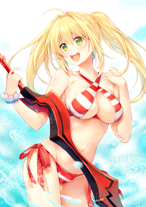 1girl aestus_estus bangs bare_arms bare_shoulders bikini blonde_hair blush bracelet breasts commentary_request criss-cross_halter earrings eyebrows_visible_through_hair fate/grand_order fate_(series) green_eyes hair_between_eyes halterneck hands_up head_tilt holding holding_sword holding_weapon jewelry large_breasts long_hair looking_away looking_to_the_side medium_breasts navel nero_claudius_(fate)_(all) nero_claudius_(swimsuit_caster)_(fate) pf round_teeth side-tie_bikini sidelocks solo striped striped_bikini swimsuit sword teeth twintails upper_teeth weapon