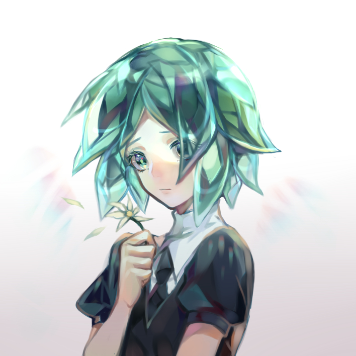 1other androgynous artist_request colored_eyelashes crystal_hair flower gem_uniform_(houseki_no_kuni) green_eyes green_hair houseki_no_kuni necktie phosphophyllite sad short_hair solo upper_body