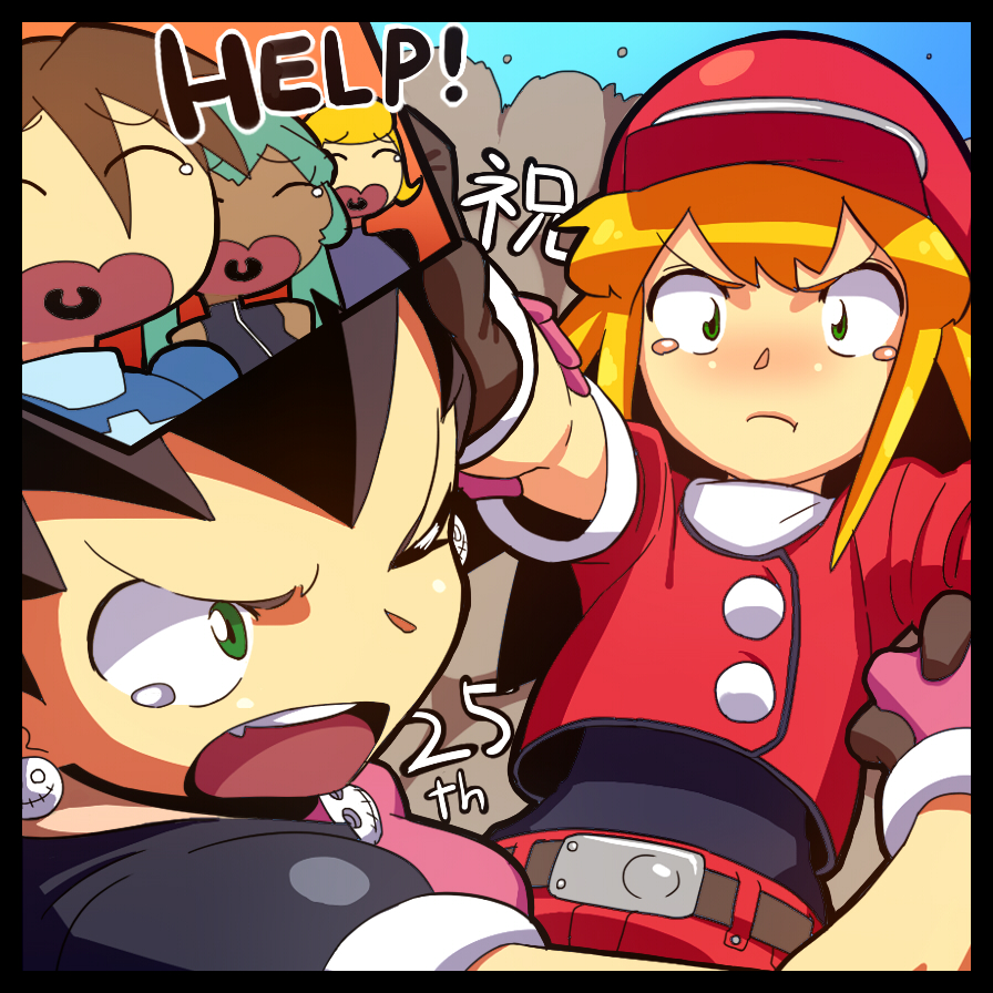 1boy belt blonde_hair breasts brown_gloves brown_hair cabbie_hat commentary_request earrings gloves green_eyes hat jacket jewelry long_hair matilda_caskett multiple_girls open_mouth rockman rockman_dash rog_rockbe roll_caskett sera_(rockman_dash) short_hair short_sleeves tron_bonne