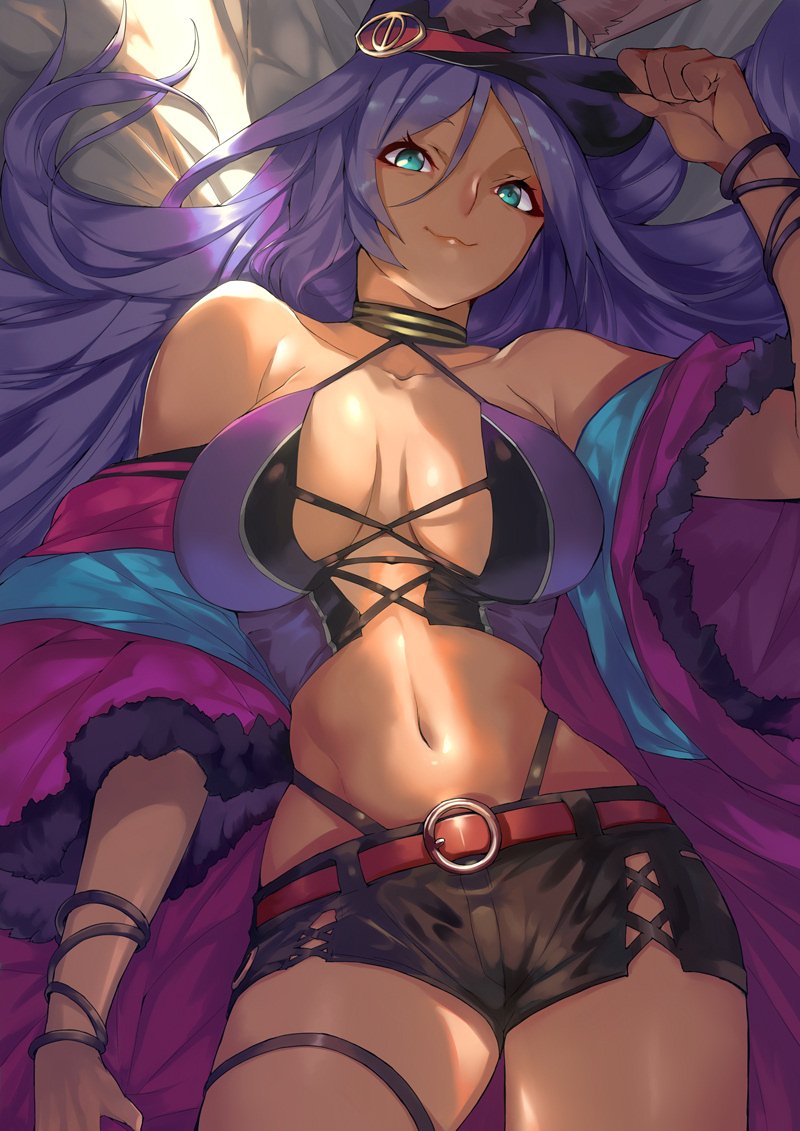 1girl alternate_costume animal_ears aqua_eyes bangs bare_shoulders belt black_shorts breasts cleavage closed_mouth coat collarbone cross-laced_clothes dark_skin fate/grand_order fate_(series) hair_between_eyes halter_top halterneck hat hips large_breasts long_hair looking_at_viewer navel off_shoulder ohland open_clothes open_coat purple_coat purple_hair queen_of_sheba_(fate/grand_order) short_shorts shorts smile solo thigh_strap thighs waist