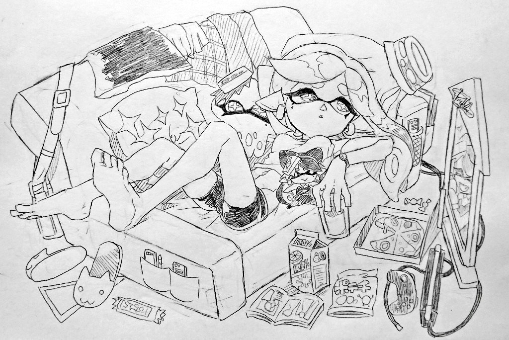 +_+ bare_legs black_shorts carton controller couch cup domino_mask earrings food game_controller hair_down headwear_removed hotaru_(splatoon) jewelry mask mole mole_under_eye monochrome navel nintendo nintendo_switch nintendo_switch_dock open_mouth pillow pizza pizza_box pointy_ears shorts slippers_removed splatoon stomach television tentacle_hair traditional_media watch yuuki_(zeicomi100yen)