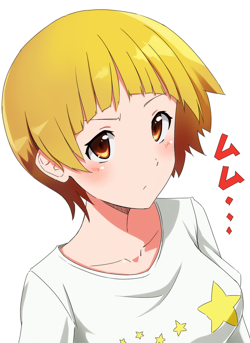 1girl blonde_hair blush breasts brown_eyes commentary_request fukuda_noriko idolmaster idolmaster_million_live! masashou_(sinsyo23) medium_breasts medium_hair shirt short_hair solo star upper_body