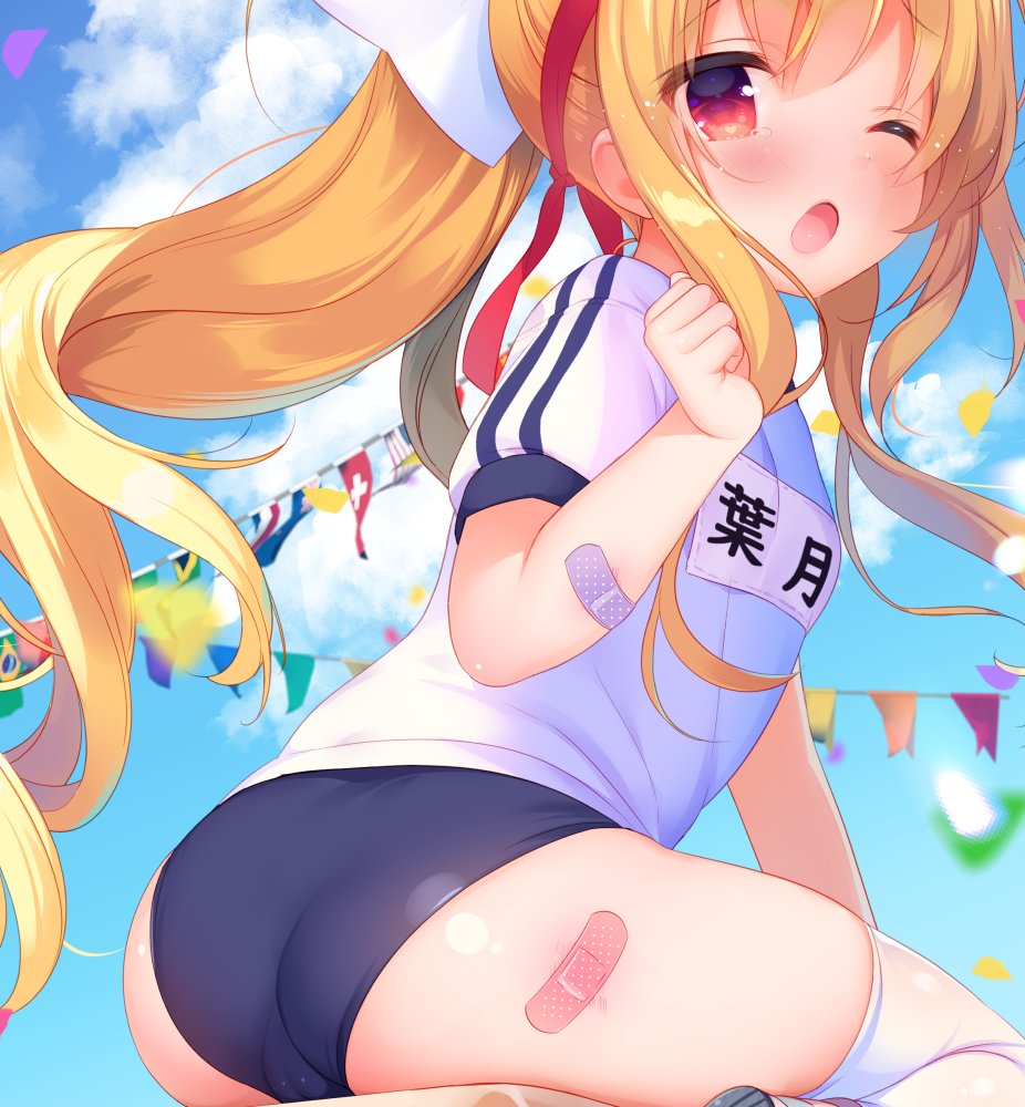 1girl ;o american_flag ass bandaid_on_arm bandaid_on_leg bangs blonde_hair blue_buruma blue_sky blurry blurry_foreground blush brazilian_flag buruma clenched_hand clouds cloudy_sky commentary_request day depth_of_field eyebrows_visible_through_hair flags_of_all_nations gym_shirt gym_uniform hair_between_eyes hand_up long_hair looking_at_viewer name_tag one_eye_closed open_mouth original outdoors petals piyodera_mucha ponytail puffy_short_sleeves puffy_sleeves red_eyes shirt short_sleeves sidelocks sky solo string_of_flags swiss_flag tears thigh-highs very_long_hair white_legwear white_shirt