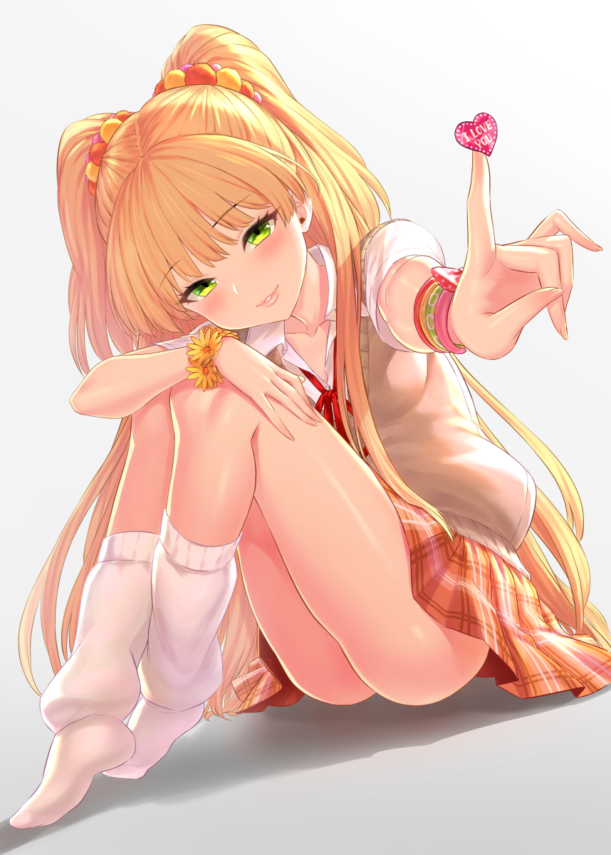 1girl ass bangs bare_legs blonde_hair blunt_bangs blush bracelet breasts collarbone collared_shirt eyebrows_visible_through_hair full_body green_eyes grey_background heart highres idolmaster idolmaster_cinderella_girls jewelry jougasaki_rika legs long_hair looking_at_viewer loose_socks multicolored_scrunchie neck_ribbon no_shoes orange_skirt outstretched_arm parted_lips plaid plaid_skirt pom_pom_(clothes) reaching red_ribbon ribbon scrunchie shirt simple_background sitting skirt small_breasts smile socks solo sticker thighs tsurime two_side_up vest white_legwear yapo_(croquis_side)