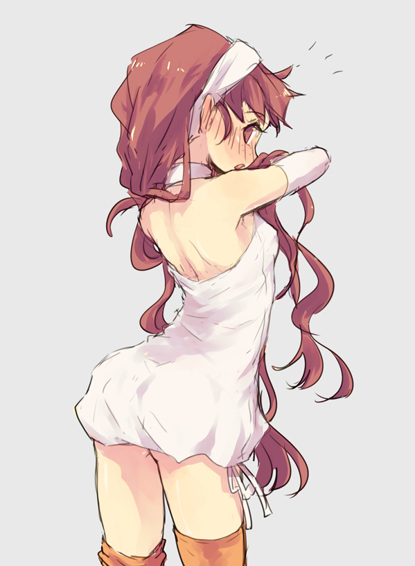 1girl breasts brown brown_eyes brown_hair cowboy_shot detached_sleeves dress eyes from_behind grey_background halterneck isuzu_(log_horizon) log_horizon long_hair looking_back mo_(deciliter) open_mouth orange_legwear ribbon short_dress simple_background sketch sleeveless sleeveless_dress small_breasts solo standing thigh-highs very_long_hair white_dress white_ribbon