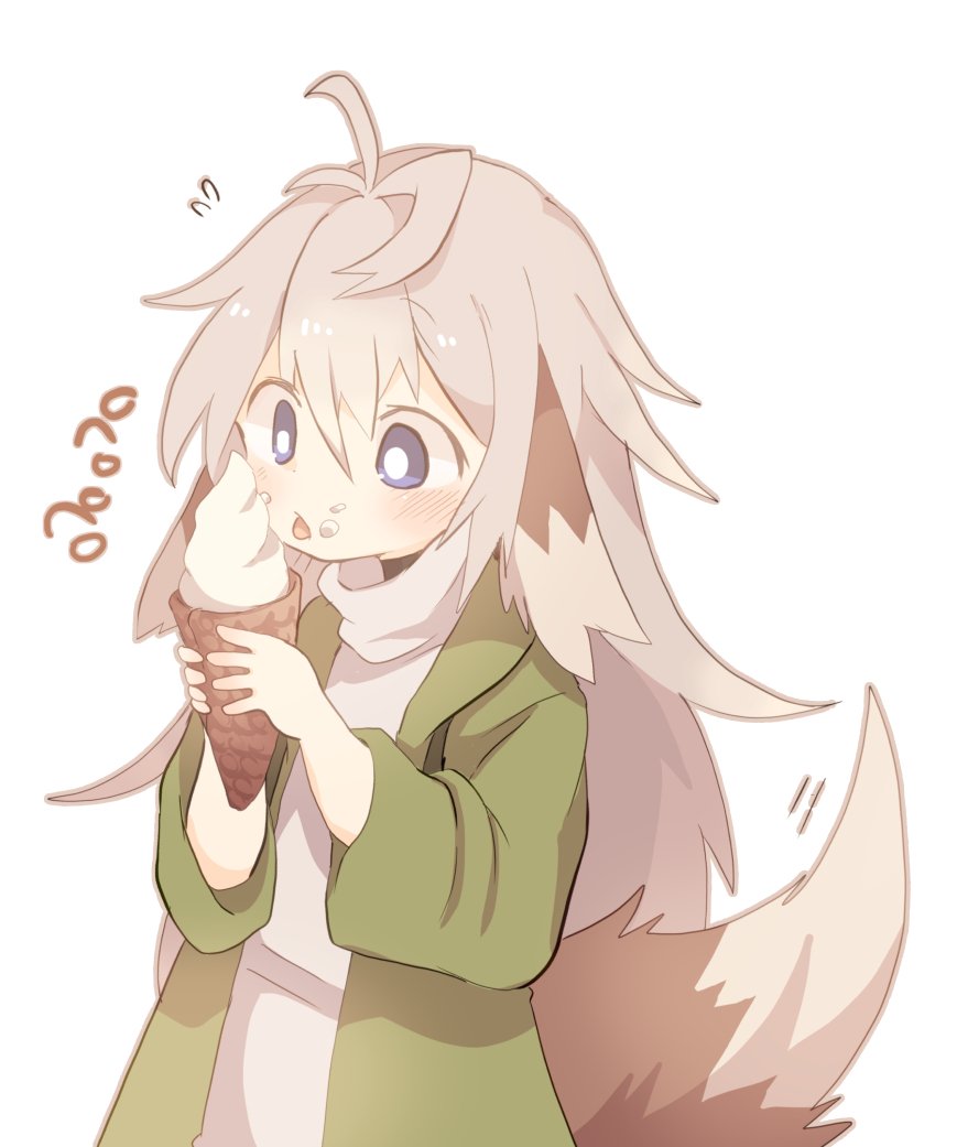 1girl animal_ears blue_eyes commentary_request dog_ears dog_tail flying_sweatdrops food food_on_face green_jacket ice_cream ice_cream_cone ice_cream_on_face jacket konachiu licking light_brown_hair long_hair long_sleeves open_clothes open_jacket original rei-chan_(konachiu) simple_background tail tongue tongue_out turtleneck white_background