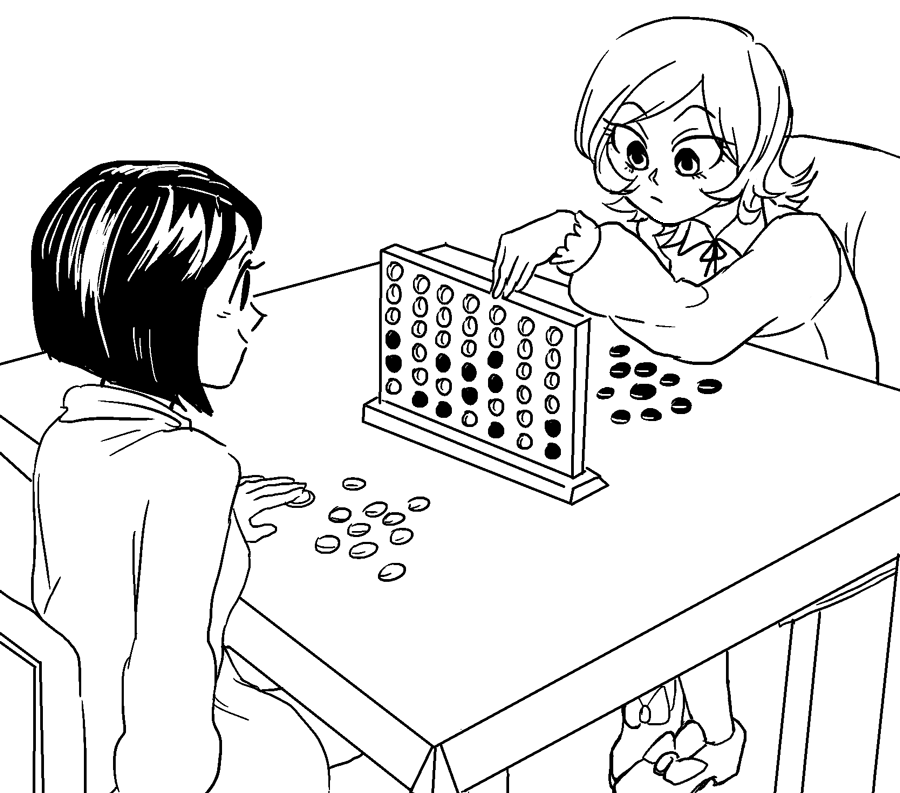 2girls flipped_hair fuugetsu_hui_guo_rou hunter_x_hunter kachou_hui_guo_rou lineart monochrome multiple_girls playing short_hair siblings sisters smile table tic_tac_toe twins