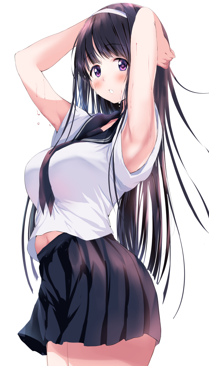 1girl arched_back armpits arms_behind_head bangs black_hair black_skirt blush breasts commentary_request cowboy_shot eyebrows_visible_through_hair from_side gorua_(youce01) hair_between_eyes hairband highres large_breasts long_hair looking_at_viewer neckerchief open_mouth original pleated_skirt red_neckwear sailor_collar school_uniform serafuku short_sleeves skirt sweat sweatdrop thighs violet_eyes white_hairband