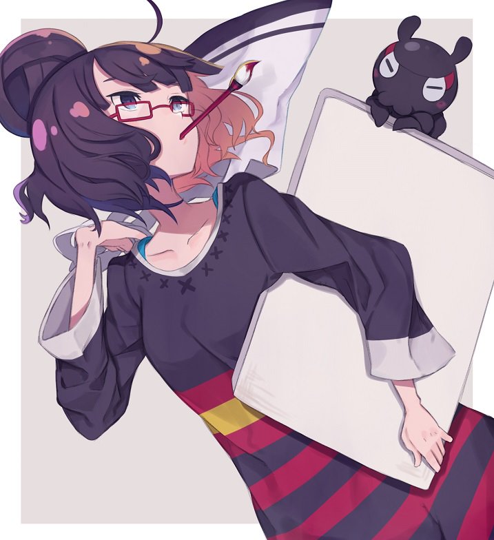 1girl alternate_costume bag bangs bespectacled black_hair blue_eyes blunt_bangs canvas_(object) collarbone contemporary dress fate/grand_order fate_(series) glasses hair_bun horizontal_stripes katsushika_hokusai_(fate/grand_order) mouth_hold octopus paintbrush shopping_bag striped striped_dress tokitarou_(fate/grand_order) totatokeke