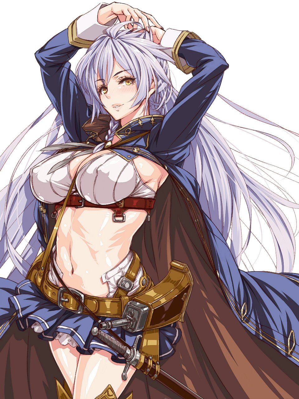 1girl ahoge armpits arms_up bangs belt blush braid breasts brown_jacket buckle cleavage collared_crop_top commentary_request cowboy_shot crop_top eyebrows_visible_through_hair floating_hair granblue_fantasy hair_between_eyes hairband hayama_kazusa highres jacket large_breasts lavender_hair long_hair long_sleeves looking_at_viewer miniskirt navel open_clothes open_jacket parted_lips sheath sheathed side_braid silva_(granblue_fantasy) simple_background skirt sleeveless smile solo stomach sword toned very_long_hair weapon white_background yellow_eyes