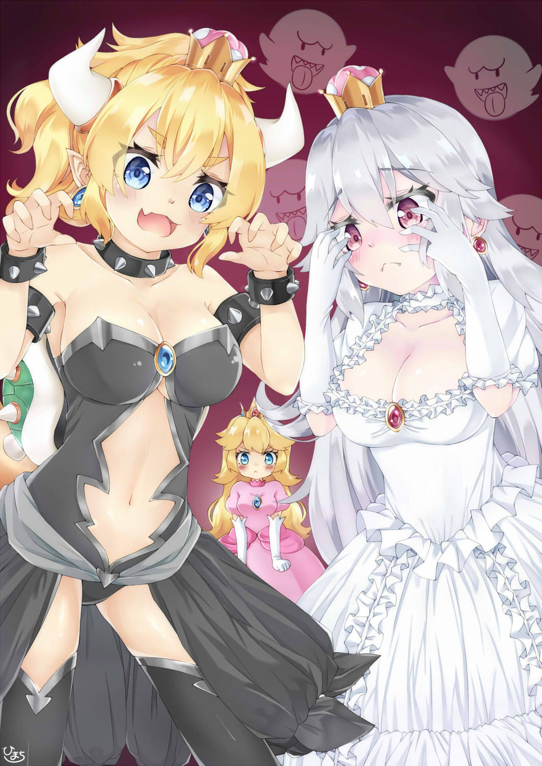 3girls :&lt; bangs black_dress blonde_hair blue_eyes blush boo bowsette bracelet brooch claw_pose closed_mouth collar commentary_request covering_face crown detached_collar dress earrings fang frilled_collar frilled_dress frilled_gloves frilled_sleeves frills gloves highres himatimemeta horns jewelry long_hair long_ponytail looking_at_viewer luigi's_mansion super_mario_bros. mini_crown multiple_girls navel new_super_mario_bros._u_deluxe nintendo open_mouth pink_dress pointy_ears princess_king_boo princess_peach puffy_short_sleeves puffy_sleeves red_eyes short_sleeves sidelocks sleeveless sleeveless_dress smile spiked_armlet spiked_bracelet spiked_shell spikes strapless strapless_dress super_crown thick_eyebrows thigh-highs turtle_shell very_long_hair white_dress white_gloves white_hair