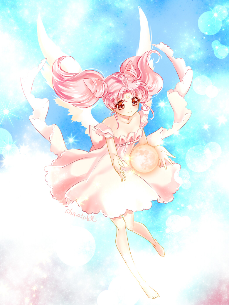 1girl back_bow bare_arms bare_legs bare_shoulders barefoot bishoujo_senshi_sailor_moon blue_background bow chibi_usa closed_mouth collarbone crescent double_bun dress facial_mark forehead_mark full_body full_moon light_particles moon pink_bow pink_dress pink_hair red_eyes shirataki_kaiseki short_hair signature small_lady_serenity smile solo sparkle twintails