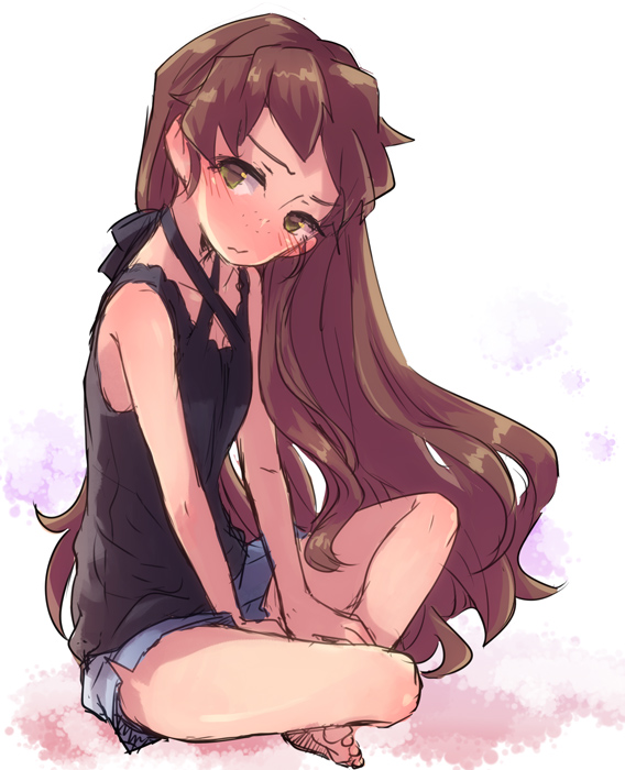 1girl barefoot black_shirt blue_shorts blush brown_hair cola floating_hair full_body green_eyes halterneck head_tilt indian_style isuzu_(log_horizon) log_horizon long_hair looking_at_viewer mo_(deciliter) shiny shiny_hair shirt short_shorts shorts simple_background sitting sketch sleeveless sleeveless_shirt solo very_long_hair white_background