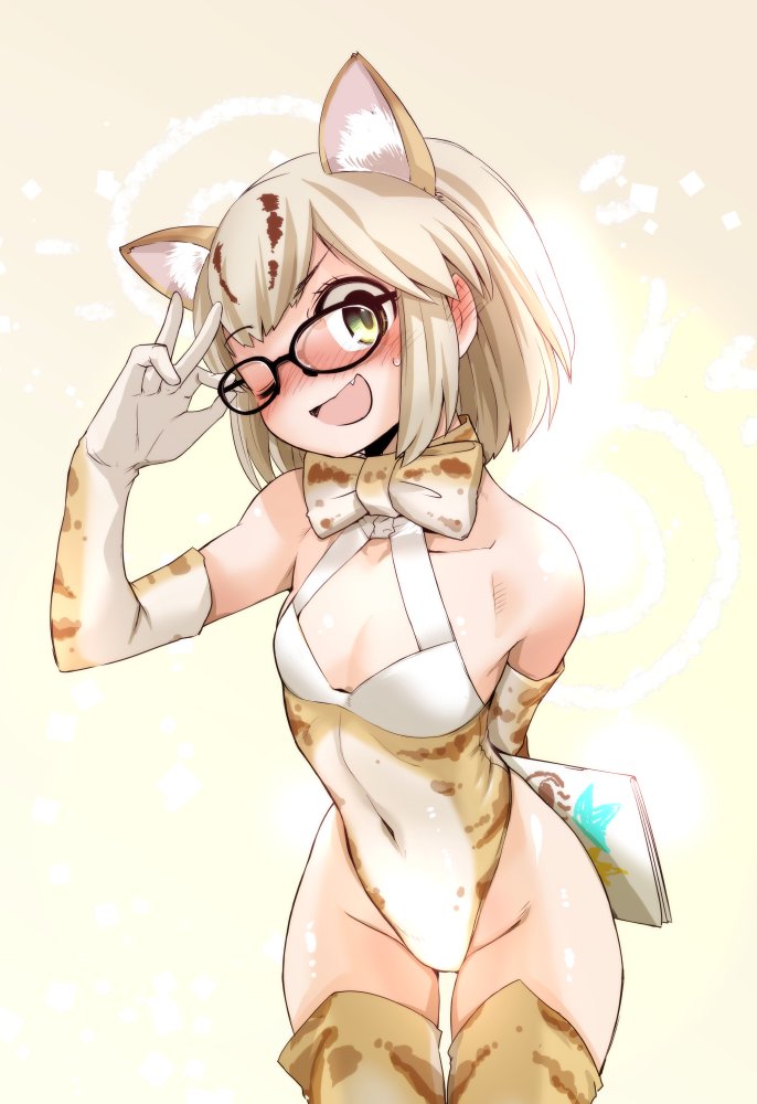 1girl adapted_costume animal_ear_fluff animal_ears black-framed_eyewear blonde_hair blush bow bowtie cat_ears cat_tail commentary_request cowboy_shot elbow_gloves ez6 fang glasses gloves highleg highleg_leotard kemono_friends leaning_forward leotard margay_(kemono_friends) margay_print multicolored multicolored_clothes open_mouth revision short_hair sleeveless solo tail thigh-highs