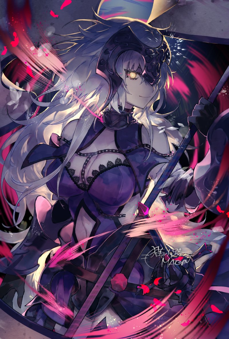 1girl armor armored_dress bare_shoulders breasts chains cleavage closed_mouth fate/grand_order fate_(series) flag gauntlets hair_ornament headpiece holding holding_flag holding_weapon jeanne_d'arc_(alter)_(fate) jeanne_d'arc_(fate)_(all) large_breasts long_hair looking_at_viewer maon_(vava0210) navel navel_cutout petals rose_petals signature smile solo sword very_long_hair weapon white_hair yellow_eyes