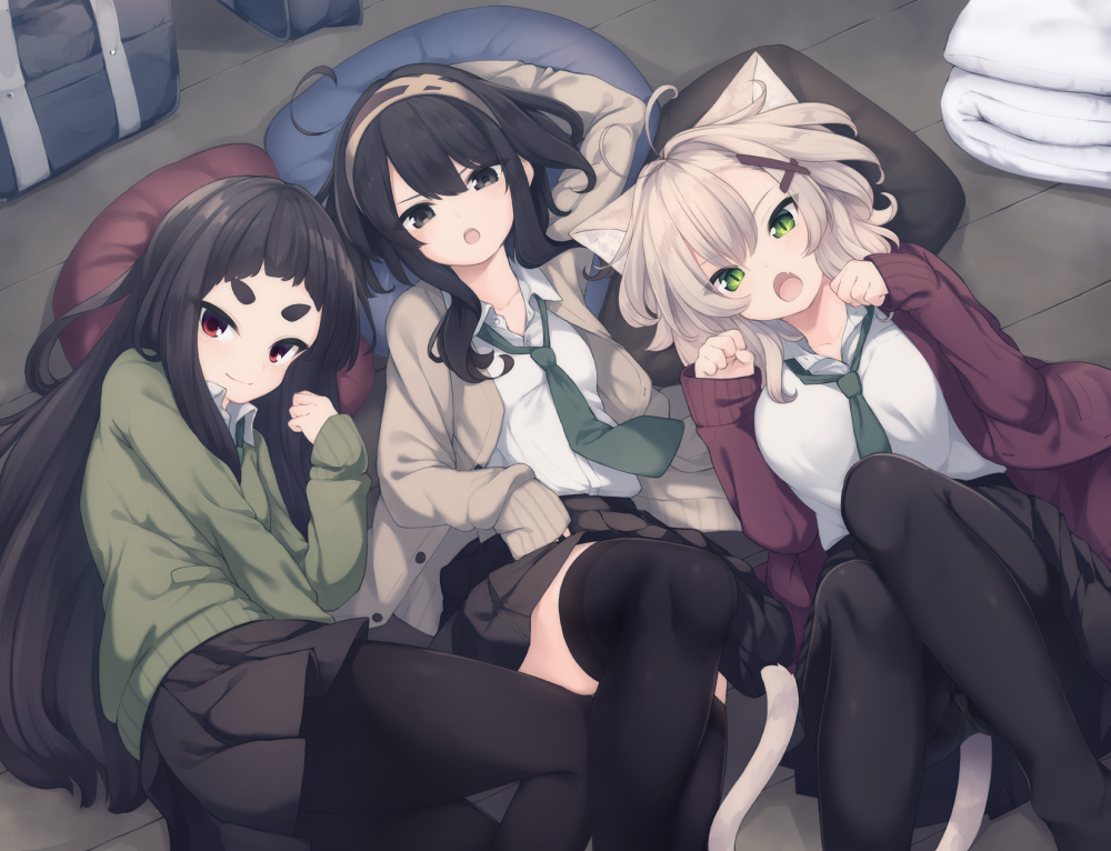 3girls :o ahoge animal_ears antenna_hair bag bangs black_hair black_legwear black_skirt breasts brown_cardigan brown_hairband cardigan cat_ears cat_girl cat_tail closed_mouth collared_shirt commentary_request eyebrows_visible_through_hair fang feet_out_of_frame forehead girl_sandwich green_cardigan green_eyes hair_between_eyes hair_ornament hairband hand_up hands_up kuranami_shiki large_breasts light_brown_hair long_hair long_sleeves lying multiple_girls natsuki_teru nekomiya_ryuu on_back on_floor open_cardigan open_clothes open_mouth original panties panties_under_pantyhose pantyhose paw_pose pillow pleated_skirt red_cardigan red_eyes sandwiched school_bag shikibe_ayaka shirt short_eyebrows skirt sleeves_past_fingers sleeves_past_wrists small_breasts smile tail thick_eyebrows thigh-highs underwear v-shaped_eyebrows very_long_hair white_shirt