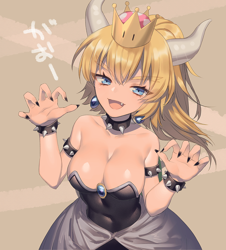 1girl :d bangs bare_shoulders black_leotard black_nails blonde_hair blue_earrings blue_eyes bowsette bracelet breasts brooch brown_background claw_pose cleavage collar collarbone commentary_request covered_navel eyebrows_visible_through_hair fang fingernails hair_between_eyes horns jewelry large_breasts leotard light_blue_eyes long_hair long_ponytail looking_at_viewer super_mario_bros. mekariruwii nail_polish new_super_mario_bros._u_deluxe nintendo open_mouth ponytail sapphire_(stone) sharp_fingernails shiny shiny_hair shiny_skin sidelocks smile solo spiked_bracelet spiked_collar spiked_shell spikes strapless strapless_leotard super_crown upper_body waist_cape