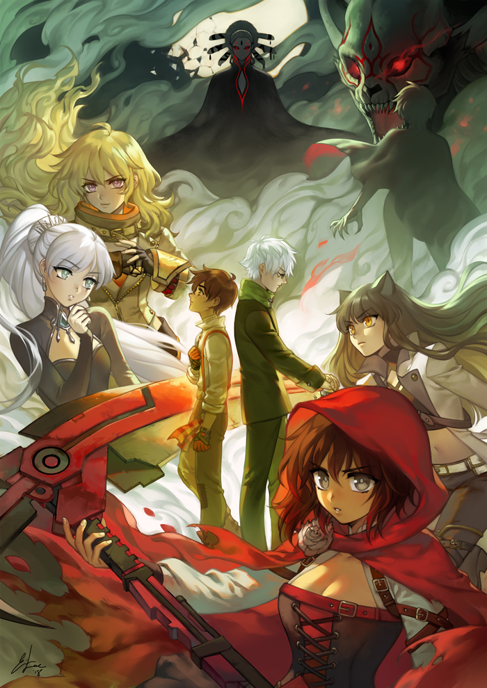 2boys 6+girls ahoge animal_ears black_dress black_gloves black_hair black_sclera blake_belladonna blonde_hair blue_eyes breasts brown_jacket cape cat_ears cinder_fall cleavage cloak commentary corset crescent_rose cropped_jacket cross dress earrings ein_lee ember_celica_(rwby) english_commentary facial_mark fingerless_gloves forehead_mark frilled_dress frills gloves glowing glowing_eyes gradient_hair grey_eyes grey_hair grimm high_collar high_heels hood hooded_cloak jacket jewelry large_breasts long_hair long_sleeves midriff moon multicolored_hair multiple_boys multiple_girls necklace official_art orange_scarf oscar_pine ozpin's_cane pendant ponytail poster professor_ozpin puffy_short_sleeves puffy_sleeves red_cape red_eyes redhead ruby_rose rwby salem_(rwby) scar scar_across_eye scarf shirt short_hair short_sleeves side_ponytail smoke spoilers strapless strapless_dress tiara tubetop two-tone_hair veins violet_eyes wavy_hair weiss_schnee white_dress white_hair white_skin wide_sleeves yang_xiao_long yellow_eyes yellow_shirt