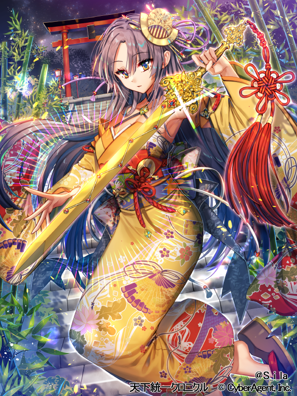 1girl bamboo brown_eyes brown_hair company_name copyright_name floral_print glint hair_ornament holding holding_sword holding_weapon interitio japanese_clothes kimono lantern long_hair looking_at_viewer night night_sky official_art outdoors plant sandals sky stairs standing sword tassel tenka_touitsu_chronicle torii very_long_hair weapon yellow_kimono