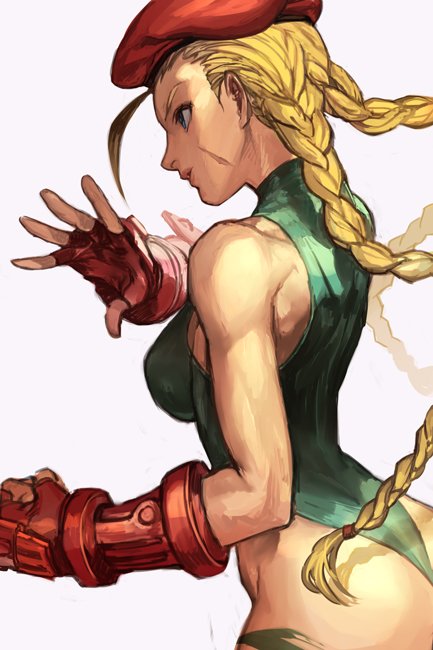 1girl back bare_shoulders blonde_hair blue_eyes braid breasts cammy_white fingerless_gloves from_behind gloves hankuri hat leotard long_hair medium_breasts scar solo street_fighter twin_braids