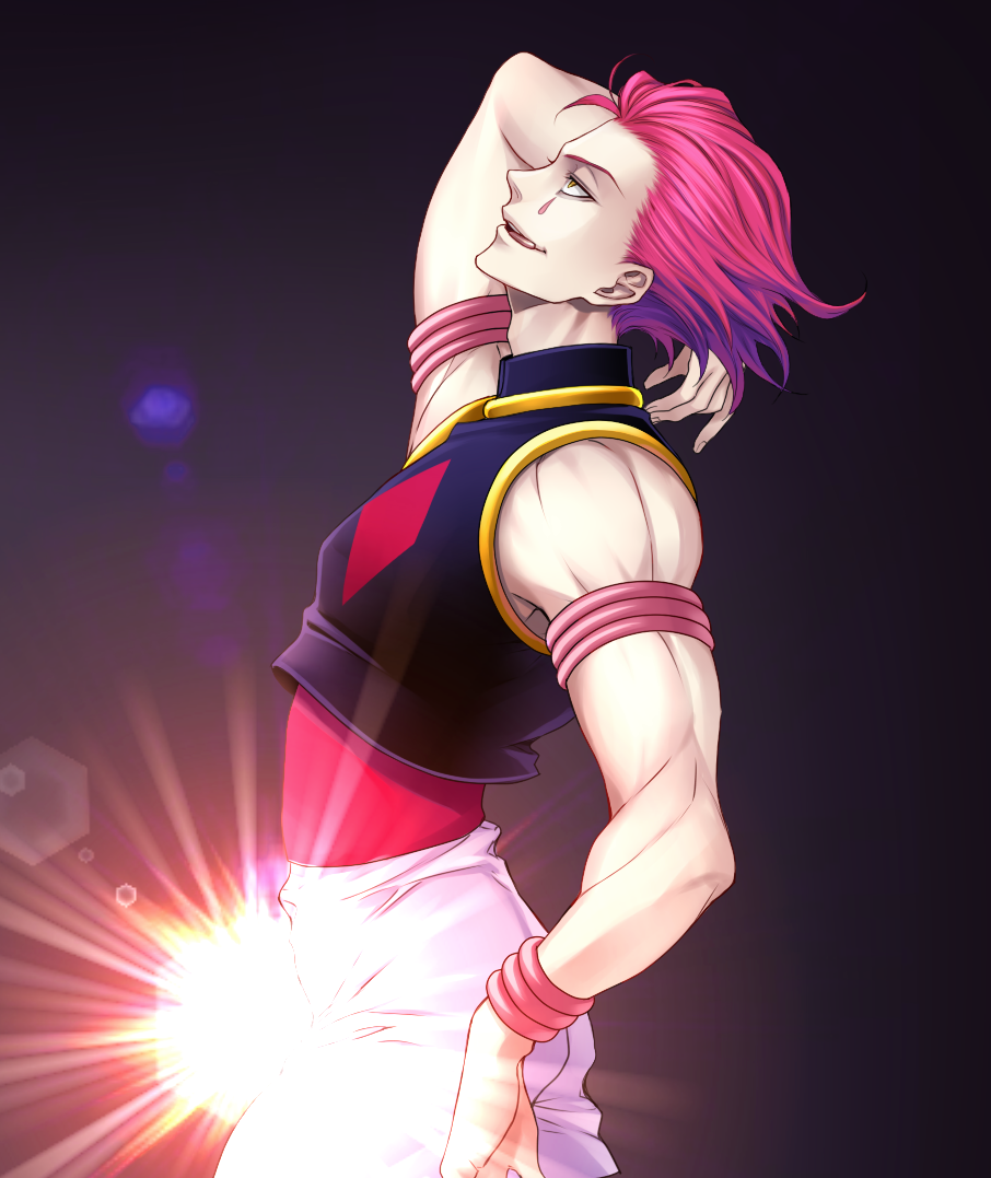 1boy :q arm_strap arm_up bracelet brown_eyes chimachi from_side hisoka_(hunter_x_hunter) hunter_x_hunter jewelry leaning_back looking_up male_focus pants pink_hair short_hair sleeveless solo tongue tongue_out white_pants