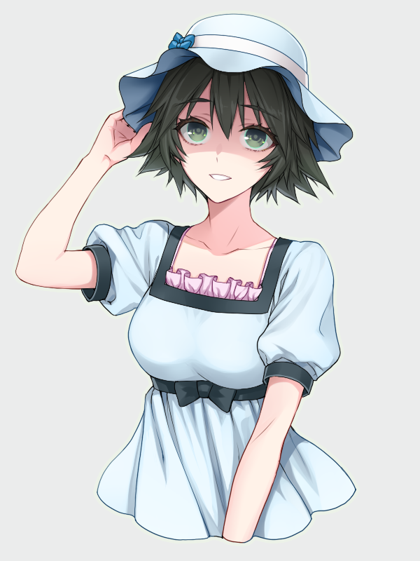 1girl black_bow black_hair black_ribbon blue_bow blue_dress blue_hat bow breasts chimachi cola cropped_torso dress green_eyes hand_in_hair hat hat_bow looking_at_viewer medium_breasts parted_lips rei_no_himo ribbon shiina_mayuri short_hair short_sleeves simple_background smile solo steins;gate sun_hat sundress upper_body white_background