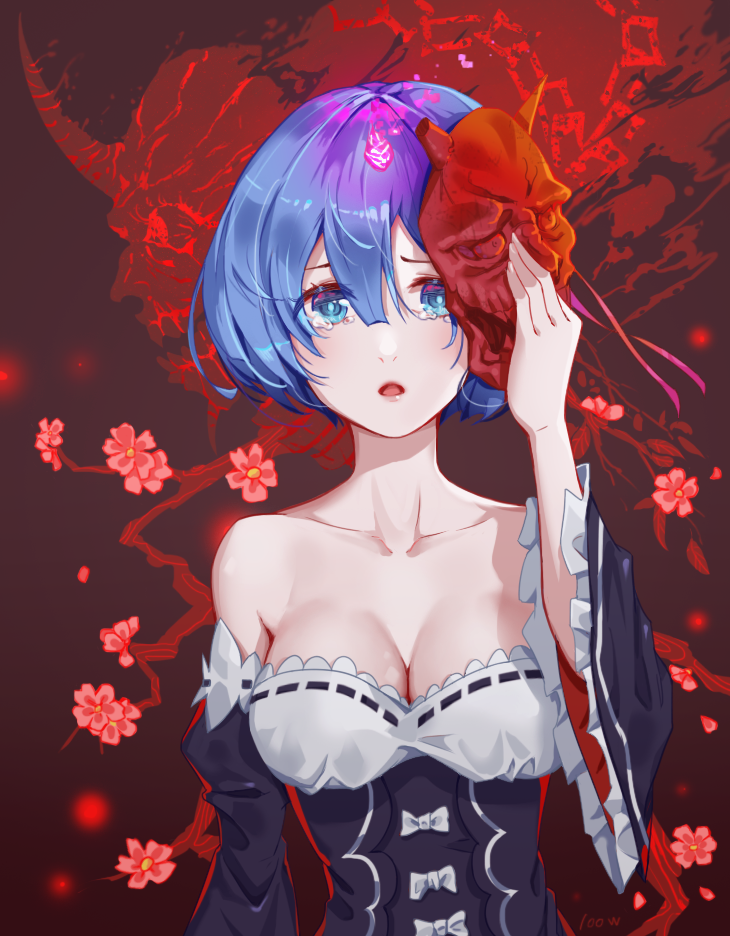 1girl blue blue_hair bow breasts cleavage collarbone detached_sleeves eyes flower hair_between_eyes horn mask mask_on_head medium_breasts open_mouth pink_flower re:zero_kara_hajimeru_isekai_seikatsu rem_(re:zero) ribbon-trimmed_sleeves ribbon_trim short_hair solo strapless tears upper_body wangxiii white_bow