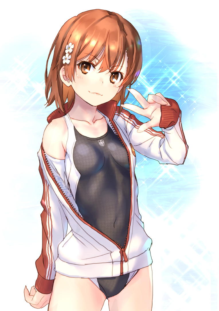 1girl ahoge alternate_costume arm_at_side black_swimsuit blush breasts brown_eyes brown_hair cleavage collarbone commentary_request competition_swimsuit covered_navel cowboy_shot eyebrows_visible_through_hair gluteal_fold hair_ornament hairclip highleg highleg_swimsuit jacket light_smile long_sleeves looking_at_viewer misaka_mikoto navel one-piece_swimsuit raika9 short_hair small_breasts solo sparkle standing swimsuit swimsuit_under_clothes thighs to_aru_kagaku_no_railgun to_aru_majutsu_no_index track_jacket v