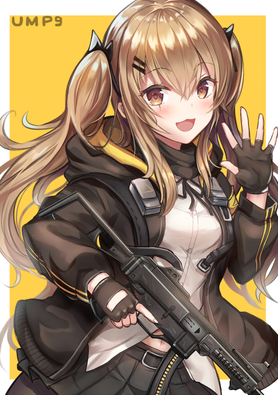 1girl :3 :d bangs black_bow black_gloves black_jacket black_legwear black_skirt blush bow breasts brown_eyes brown_hair character_name commentary_request dress_shirt eyebrows_visible_through_hair fingerless_gloves fingernails girls_frontline gloves gun h&amp;k_ump9 hair_between_eyes hair_bow hair_ornament hairclip hand_up holding holding_gun holding_weapon jacket long_hair looking_at_viewer open_clothes open_jacket open_mouth pantyhose pleated_skirt sakura_ani shirt skirt small_breasts smile solo trigger_discipline twintails two-tone_background ump9_(girls_frontline) very_long_hair weapon white_background white_shirt yellow_background