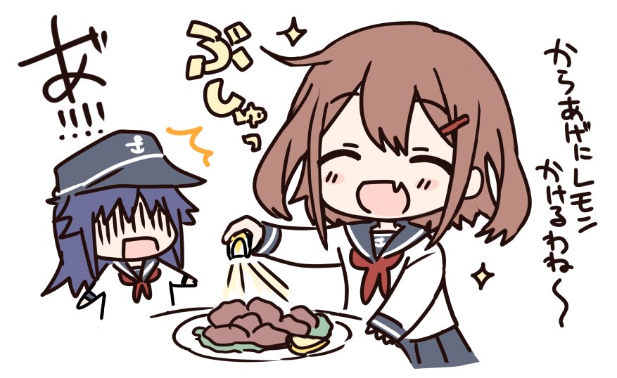 2girls akatsuki_(kantai_collection) anchor_symbol blue_sailor_collar blue_skirt brown_hair closed_eyes commentary_request fang flat_cap food fruit hair_ornament hairclip hat hizuki_yayoi ikazuchi_(kantai_collection) kantai_collection lemon lemon_slice long_hair meat multiple_girls neckerchief open_mouth pleated_skirt purple_hair red_neckwear sailor_collar school_uniform serafuku shaded_face short_hair skirt smile solo_focus translation_request