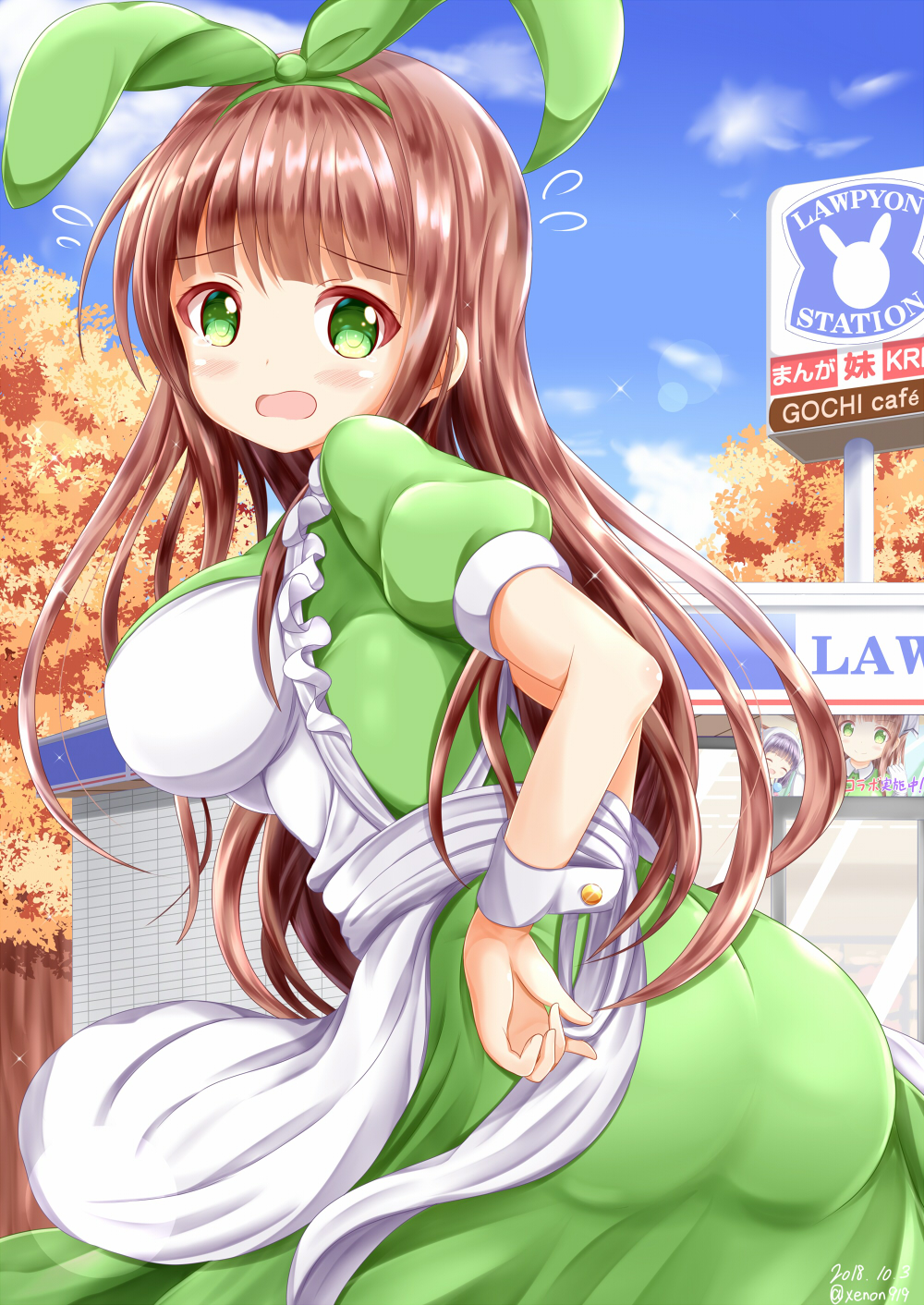 1girl apron ass autumn_leaves bangs blend_s blue_sky blush brand_name_imitation breasts brown_hair building clouds commentary_request company_connection convenience_store dated day dress eyebrows_visible_through_hair flying_sweatdrops gochuumon_wa_usagi_desu_ka? green_dress green_eyes green_ribbon hair_ribbon highres impossible_clothes impossible_dress large_breasts lawson long_hair looking_at_viewer looking_to_the_side maid_apron manga_time_kirara open_mouth outdoors puffy_short_sleeves puffy_sleeves ribbon sakuranomiya_maika shop short_sleeves sky solo standing tree twitter_username ujimatsu_chiya very_long_hair white_apron zenon_(for_achieve)