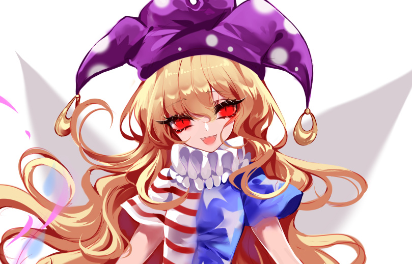 1girl :d american_flag_dress bangs blonde_hair blue_dress breasts chinese_commentary clownpiece commentary_request dress eyebrows_visible_through_hair eyelashes fairy_wings fangs hair_between_eyes hat head_tilt jester_cap long_hair looking_at_viewer neck_ruff open_mouth polka_dot_hat purple_hat red_dress red_eyes sheya short_sleeves simple_background small_breasts smile solo star star_print striped striped_dress touhou upper_body very_long_hair wavy_hair white_background white_dress wings