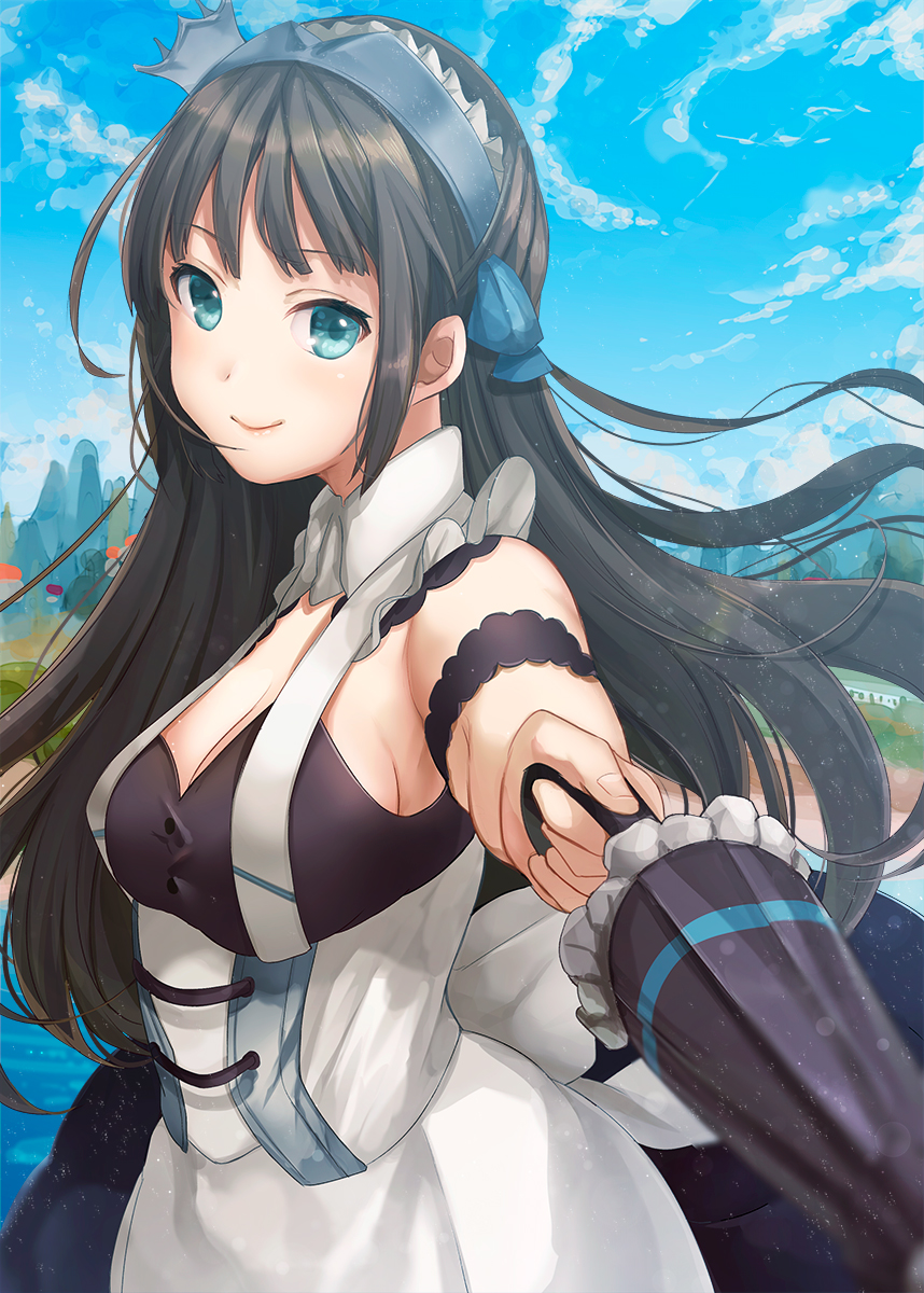 1girl apron azur_lane bangs blue_eyes blue_sky blush breasts brown_hair closed_umbrella clouds cloudy_sky corset day dress eyebrows_visible_through_hair flower frills garden hair_ornament hairband highres juliet_sleeves kelly_0w0 lake long_hair long_sleeves looking_at_viewer maid medium_breasts newcastle_(azur_lane) outdoors parasol plant puffy_sleeves ribbon sideboob sky smile solo sunlight tree umbrella waist_apron water