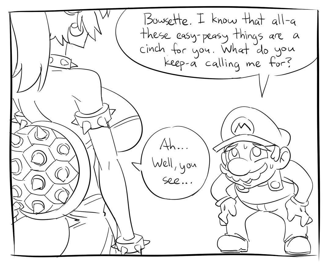 1boy 1girl borrowed_character bowsette breasts cabbie_hat cleavage comic crown dress earrings english facial_hair genderswap genderswap_(mtf) greyscale hat horns humanization jewelry large_breasts lineart mario super_mario_bros. matsu-sensei monochrome mustache new_super_mario_bros._u_deluxe nintendo ponytail simple_background sketch speech_bubble spiked_shell super_crown sweatdrop tail text_focus white_background