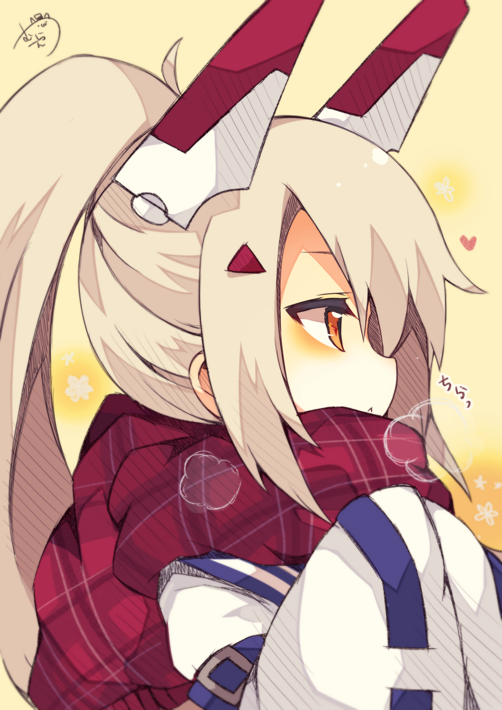 1girl :&lt; ayanami_(azur_lane) azur_lane bangs beige_background blue_sailor_collar blush chibi closed_mouth eyebrows_visible_through_hair hair_between_eyes hands_in_opposite_sleeves headgear heart high_ponytail highres light_brown_hair long_hair long_sleeves looking_away muuran orange_eyes plaid plaid_scarf ponytail profile red_scarf ribbon-trimmed_sleeves ribbon_trim sailor_collar scarf shirt sidelocks signature solo translated white_shirt