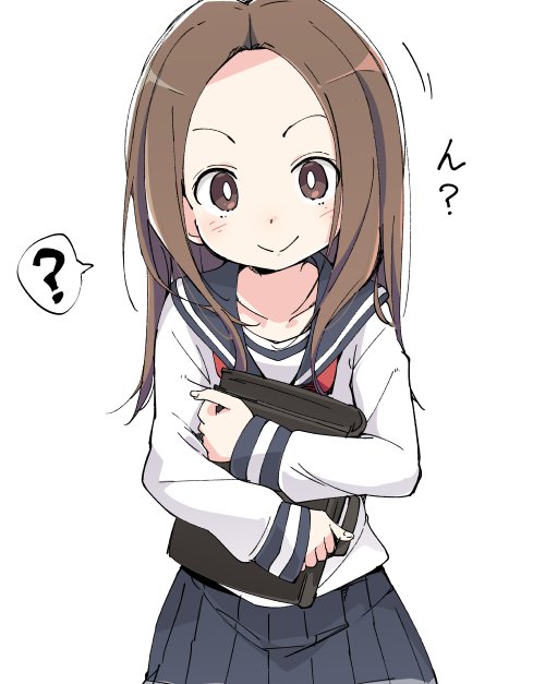 1girl ? blue_skirt brown_eyes brown_hair closed_mouth ixy karakai_jouzu_no_takagi-san long_hair long_sleeves school_uniform serafuku simple_background skirt smile solo spoken_question_mark takagi-san white_background