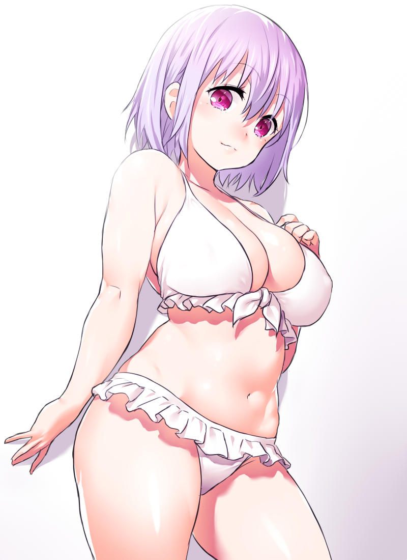 1girl bangs bare_shoulders bikini breasts cleavage closed_mouth commentary_request curvy eyebrows_visible_through_hair frilled_bikini frills front-tie_bikini front-tie_top hair_between_eyes hand_on_own_chest large_breasts lavender_hair looking_at_viewer navel onsoku_maru plump shinjou_akane shiny shiny_skin short_hair solo ssss.gridman standing swimsuit thighs violet_eyes white_bikini