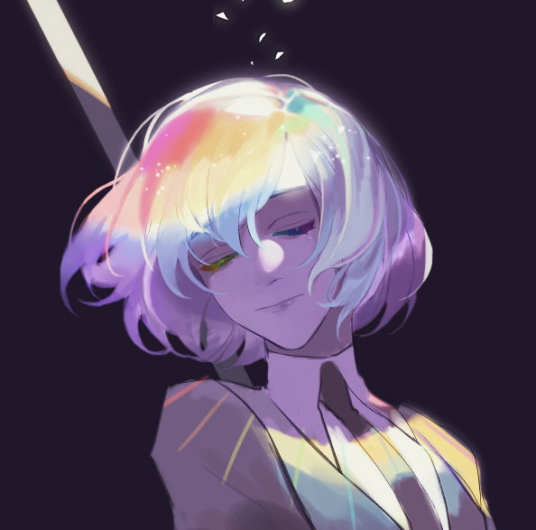 1other androgynous closed_eyes colored_eyelashes dark_background diamond_(houseki_no_kuni) ez_1011 gem_uniform_(houseki_no_kuni) glowing glowing_hair houseki_no_kuni lips multicolored_hair necktie rainbow_hair short_hair solo upper_body