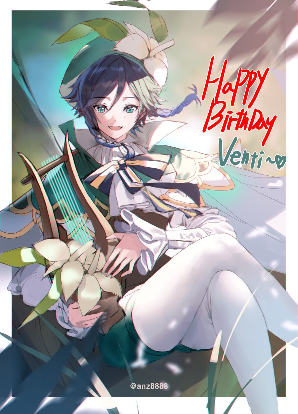 1boy androgynous anjeu_(anz8888) bangs beret black_hair blue_hair braid cape character_name collared_cape feet_out_of_frame flower genshin_impact green_eyes green_headwear happy_birthday hat highres holding holding_instrument instrument korean_commentary long_sleeves looking_at_viewer lyre male_focus open_mouth short_hair_with_long_locks simple_background solo teeth twin_braids upper_teeth venti_(genshin_impact) white_flower