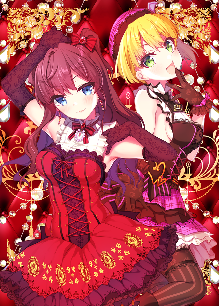 2girls :d ahoge armpits arms_up bangs bare_shoulders blonde_hair blue_eyes blush bow breasts brooch brown_gloves brown_hair brown_legwear closed_mouth corset dress earrings elbow_gloves eyebrows_visible_through_hair floral_print frilled_gloves frills gloves green_eyes gunp hair_between_eyes hair_bow hat ichinose_shiki idolmaster idolmaster_cinderella_girls jewelry lace lace-trimmed_thighhighs lips long_hair looking_at_viewer medium_breasts miyamoto_frederica multiple_girls open_mouth pink_hat pink_skirt plaid plaid_hat plaid_skirt red_bow red_dress short_hair sideboob skirt sleeveless sleeveless_dress smile striped striped_legwear thigh-highs two_side_up vertical-striped_legwear vertical_stripes wavy_hair