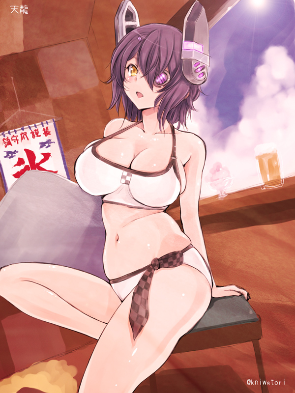 10s 1girl :o arm_support bikini breasts cleavage eyepatch female headgear kantai_collection kickboard large_breasts looking_at_viewer navel niwatori_kokezou open_mouth plump purple_hair shiny shiny_skin short_hair sitting solo swimsuit tenryuu_(kantai_collection) white_bikini white_swimsuit yellow_eyes