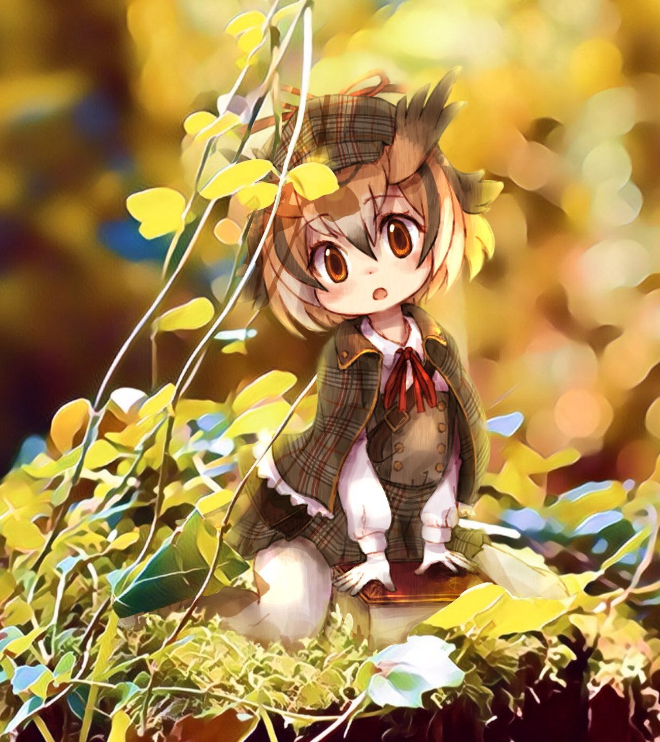 1girl alternate_costume bird_wings blush book brown_hair cabbie_hat cloak collared_shirt commentary_request eurasian_eagle_owl_(kemono_friends) eyebrows_visible_through_hair foliage gloves grey_hair hat head_wings highres kemono_friends kemono_friends_festival kolshica long_sleeves multicolored_hair neck_ribbon owl_ears pantyhose plaid plaid_skirt pleated_skirt puffy_long_sleeves puffy_sleeves ribbon shirt short_hair sitting skirt solo white_hair wings