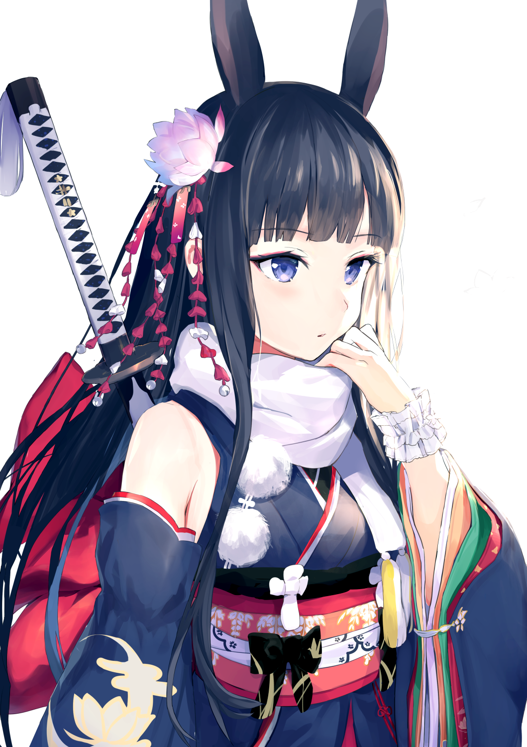1girl animal_ears bangs black_bow black_hair blue_kimono blush bow closed_mouth commentary_request eyebrows_visible_through_hair flower hair_flower hair_ornament hand_up highres japanese_clothes katana kimono long_hair long_sleeves looking_away nanotaro obi original pink_flower rabbit_ears red_bow sash scarf sheath sheathed simple_background solo sword very_long_hair violet_eyes weapon white_background white_scarf wide_sleeves wrist_cuffs