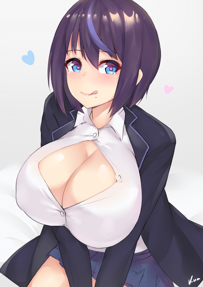 1girl blue_eyes blue_hair blush breasts bursting_breasts character_request cleavage copyright_request dress_shirt heart heart-shaped_pupils jacket kuavera large_breasts licking_lips long_sleeves looking_at_viewer mole mole_under_mouth multicolored_hair open_clothes open_jacket purple_hair shirt short_hair signature simple_background smile solo streaked_hair symbol-shaped_pupils tongue tongue_out upper_body white_background