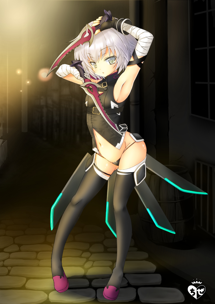 1girl arm_up armpits bandage bandaged_arm bandages bangs black_footwear black_gloves black_legwear black_panties black_shirt boots breasts chize commentary_request dagger dual_wielding eyebrows_visible_through_hair fate/grand_order fate_(series) fingerless_gloves gloves grey_hair groin hair_between_eyes holding holding_dagger holding_weapon jack_the_ripper_(fate/apocrypha) looking_at_viewer navel night outdoors panties parted_lips sheath shirt single_glove sleeveless sleeveless_shirt small_breasts solo standing thigh-highs thigh_boots underwear unsheathed weapon yellow_eyes