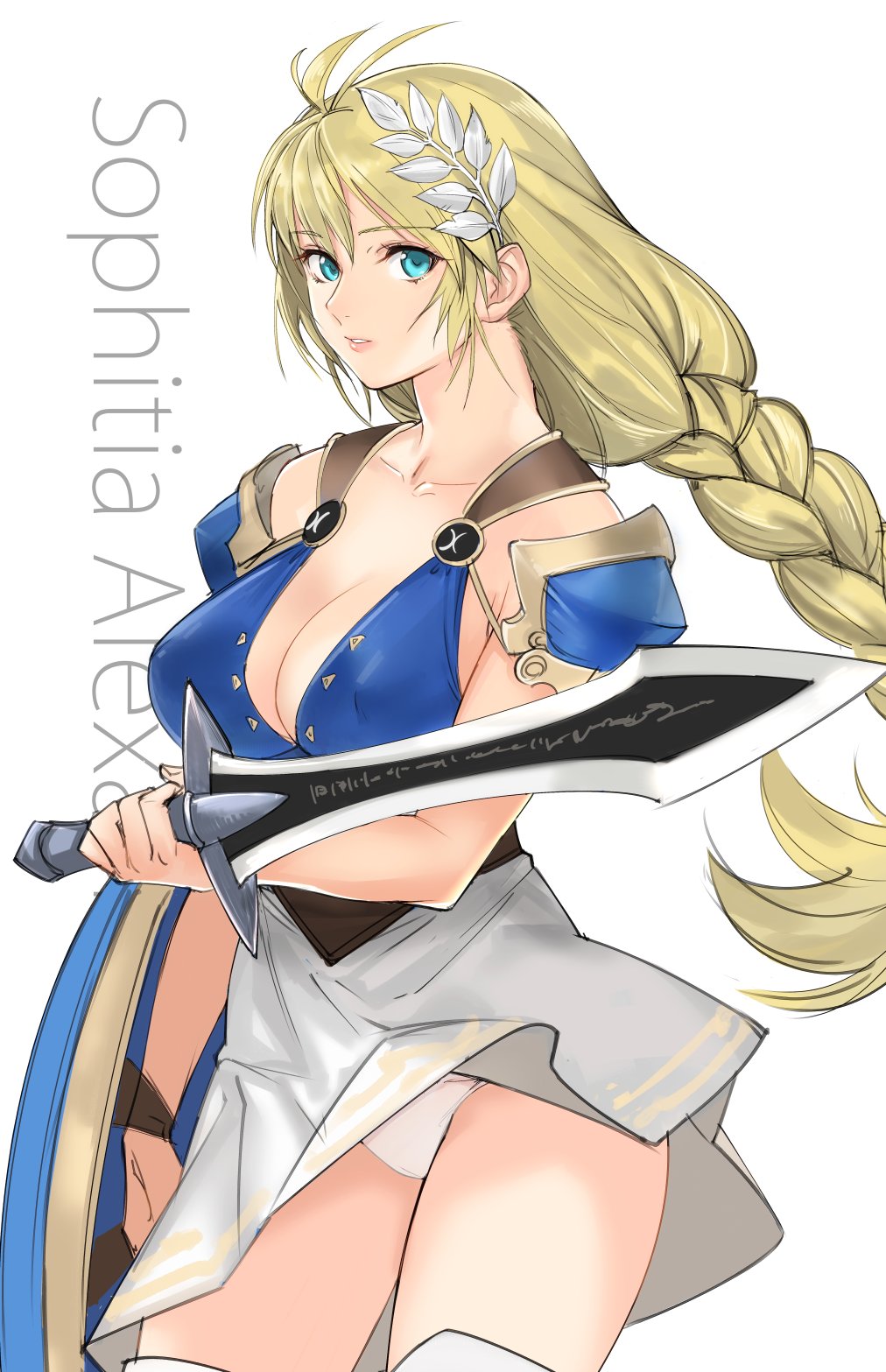 1girl ahoge armor bangs blonde_hair blue_eyes braid breasts character_name cleavage collarbone commentary_request covered_nipples dress hair_between_eyes hair_ornament highres holding holding_shield holding_sword holding_weapon large_breasts long_hair panties parted_lips pauldrons shield shoulder_armor single_braid skirt solo sophitia_alexandra soul_calibur sword tetsu_(kimuchi) underwear weapon white_dress white_panties