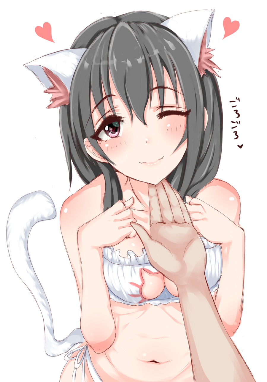 1girl ;) animal_ear_fluff animal_ears bangs bare_legs bare_shoulders black_hair blush body_blush bra breasts cat_cutout cat_ears cat_lingerie cat_tail chin_stroking cleavage cleavage_cutout collarbone commentary_request eyebrows_visible_through_hair frilled_bra frills fujiwara_hajime hands_on_own_chest hands_up heart heart-shaped_pupils highres idolmaster idolmaster_cinderella_girls kemonomimi_mode long_hair medium_breasts meme_attire navel one_eye_closed panties pink_lips pov pov_hands ribbon shirushiru_(saitou888) side-tie_panties simple_background smile solo_focus stomach symbol-shaped_pupils tail translated underwear underwear_only upper_body violet_eyes wavy_mouth white_background white_bra white_panties white_ribbon