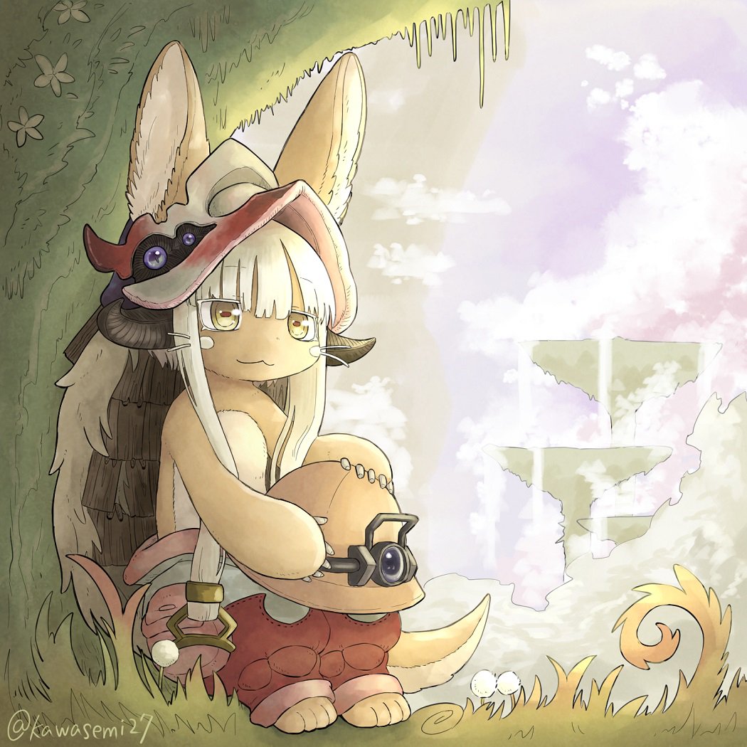 1other :3 ambiguous_gender animal_ears artist_name closed_mouth day eyebrows_visible_through_hair furry kawasemi27 long_hair looking_away made_in_abyss nanachi_(made_in_abyss) outdoors sitting smile solo tail twitter_username white_hair yellow_eyes