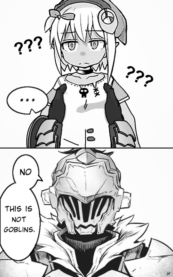 1boy 1girl ? artist_request character_request commentary confused copyright_request crossover english_commentary engrish fur_collar goblin goblin_slayer goblin_slayer! hat helmet picking_up ranguage skull_necklace speech_bubble